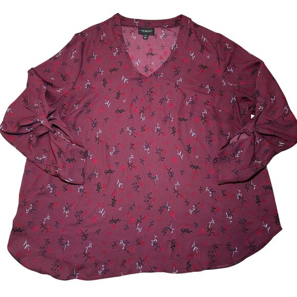 Lane Bryant Top Women’s Size 16 Burgundy Floral V Neck Long Roll Tab Sleeve - Picture 1 of 6